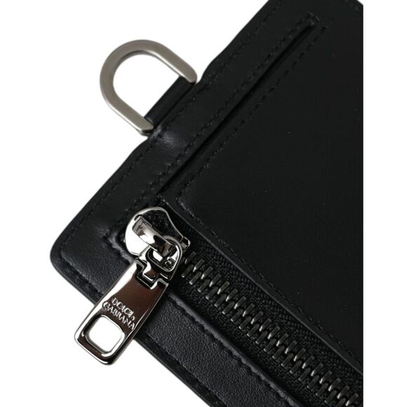 Dolce & Gabbana Black Calf Leather Lanyard Logo Card Holder Men Men's Wallet